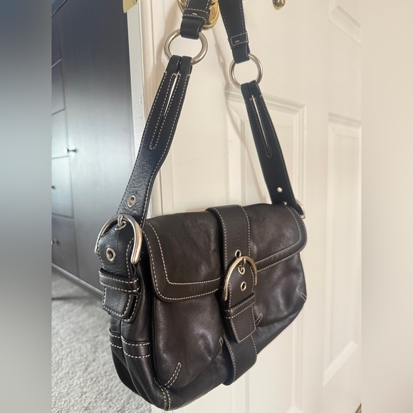 Coach Y2K Small Soho Double Pocket Buckle Hobo Shoulder Bag Black w White Stitch - Picture 3 of 10